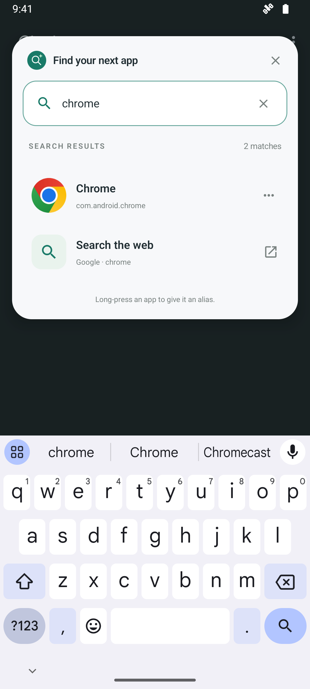 Over Action floating search popup open over the Android Clock app